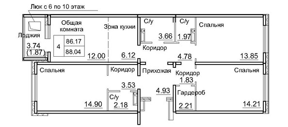 Планировка 4-комн 88,04 м²