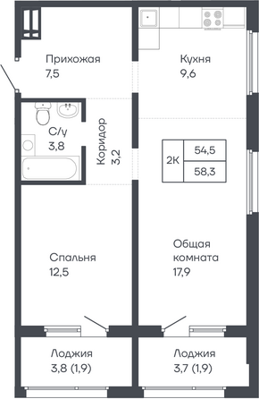 Планировка 2-комн 58,3 м²