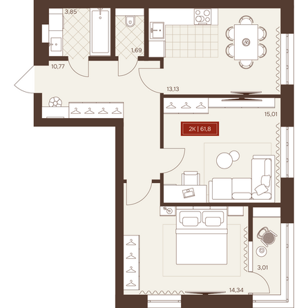 Планировка 2-комн 61,8 м²