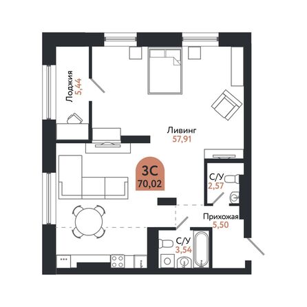 Планировка 1-комн 70,02 м²