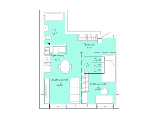 Планировка 2-комн 37,48, 41,9 м²