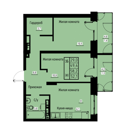 Планировка 3-комн 52,1 м²