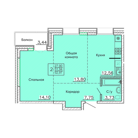 Планировка 2-комн 52,97 м²
