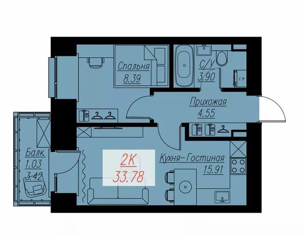 Планировка 2-комн 33,78 м²