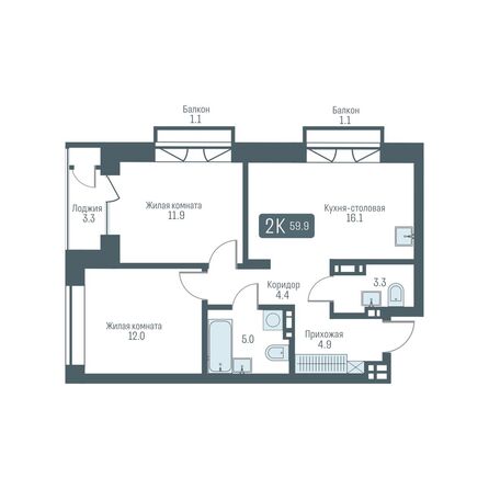 Планировка 2-комн 59,9, 60 м²