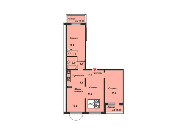 Планировка 4-комнатной квартиры 89,8 кв.м