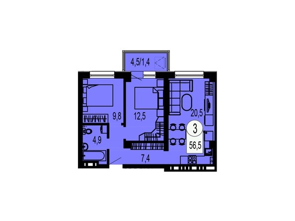 Планировка трехкомнатной квартиры 56,5 кв.м