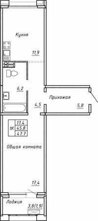 Планировка 1-комн 47,7 м²