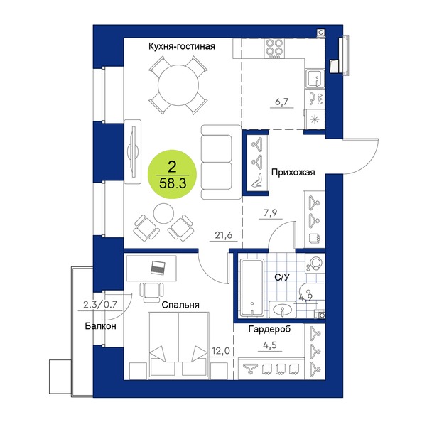 Планировка 2-комн 58,3 м²