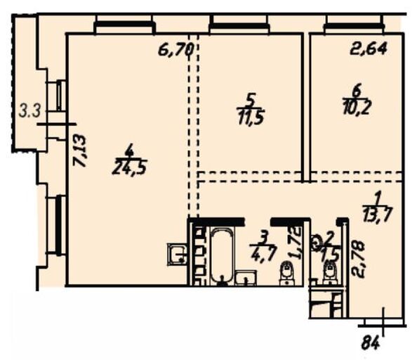 Планировка 2-комн 69,2, 69,4 м²