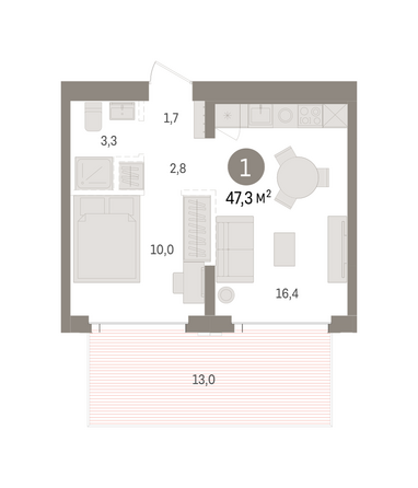 Планировка 1-комн 47,26 м²
