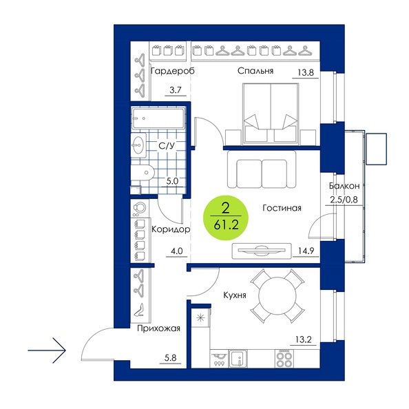 Планировка 2-комн 61,2 м²
