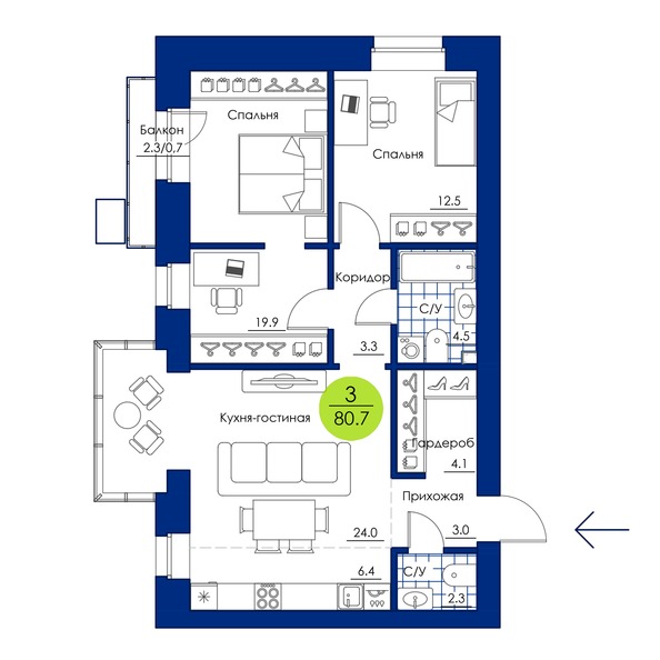 Планировка 3-комн 80,7 м²
