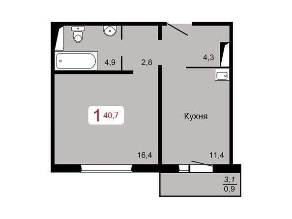 1-комнатная 40,7 кв.м