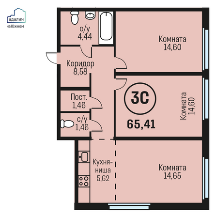 Планировка 3-комн 65,41 м²