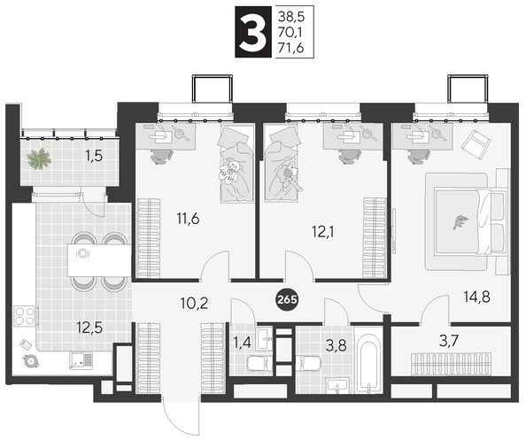 Планировка 3-комн 71,6 м²