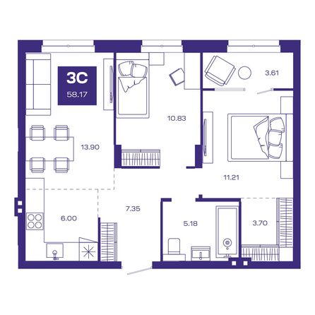 Планировка 3-комн 57,99 - 58,17 м²