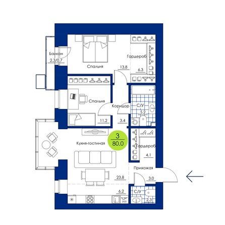 Планировка 3-комн 80 м²