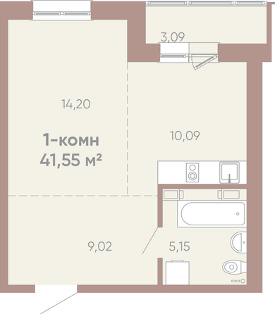 Планировка 1-комн 41,55 м²