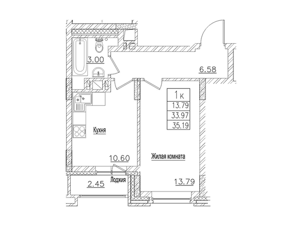 Планировка 1-комн 33,9, 35,19 м²