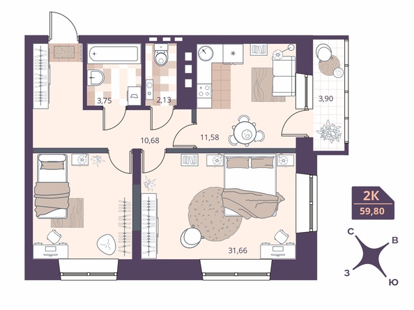 Планировка Студия 59,8 - 60,07 м²