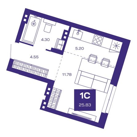 Планировка 1-комн 25,68 - 25,83 м²