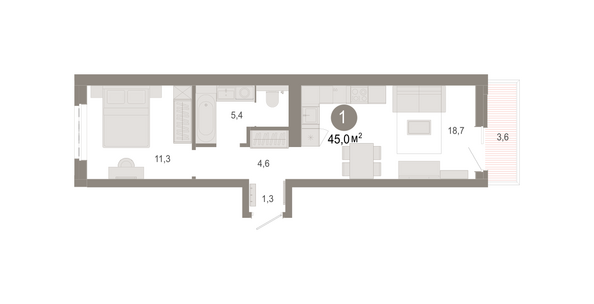 Планировка 1-комн 44,98, 45 м²
