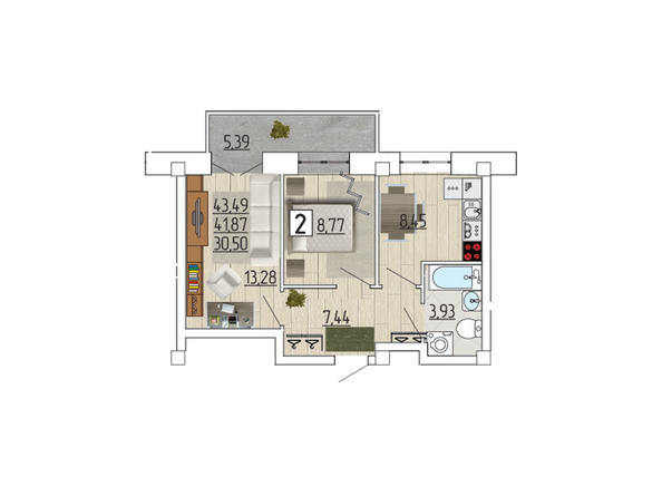 Планировка двухкомнатной квартиры 43,49 кв.м