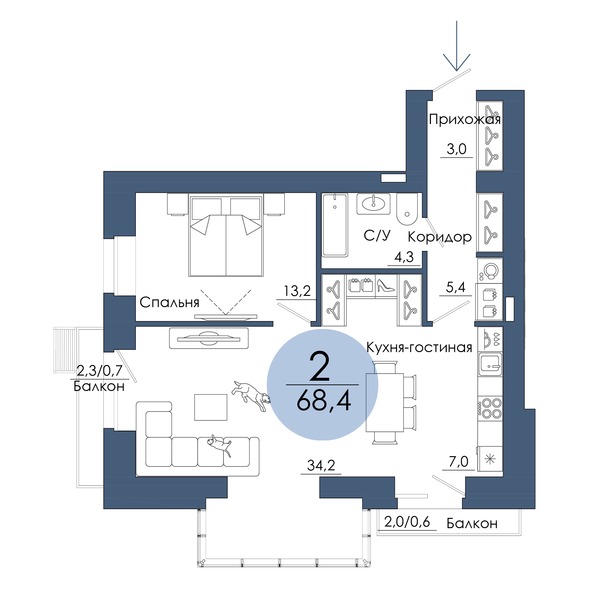 Планировка 2-комн 68,4 м²