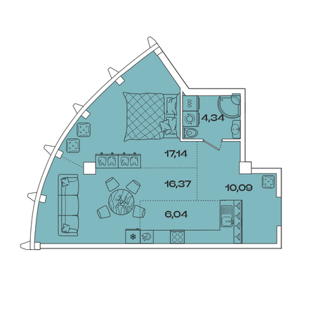 Планировка 1-комн 53,98 м²