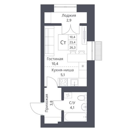 Планировка Студия 26,3 м²