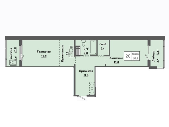 Планировка 1-комн 54,4 м²