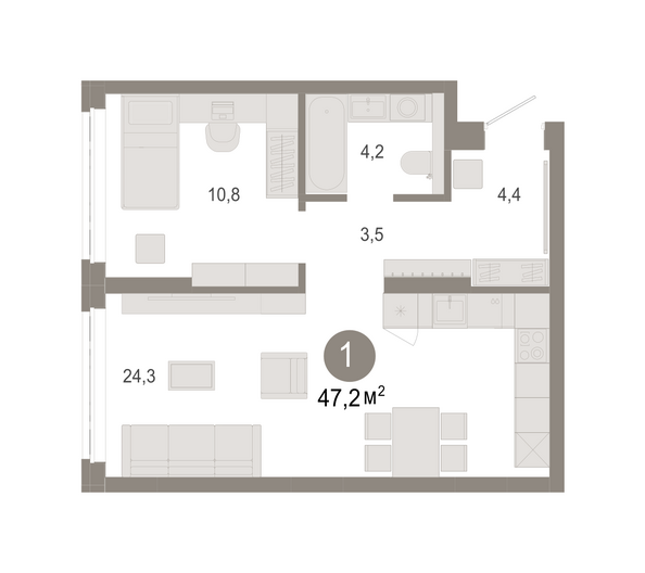 Планировка 1-комн 47,23 м²