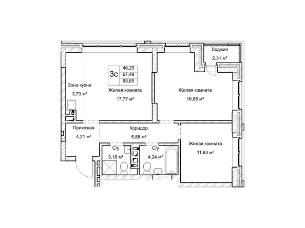Планировка трехкомнатной квартиры 67,4 кв.м