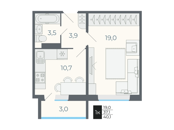 Планировка 1-комн 37,1, 40,1 м²