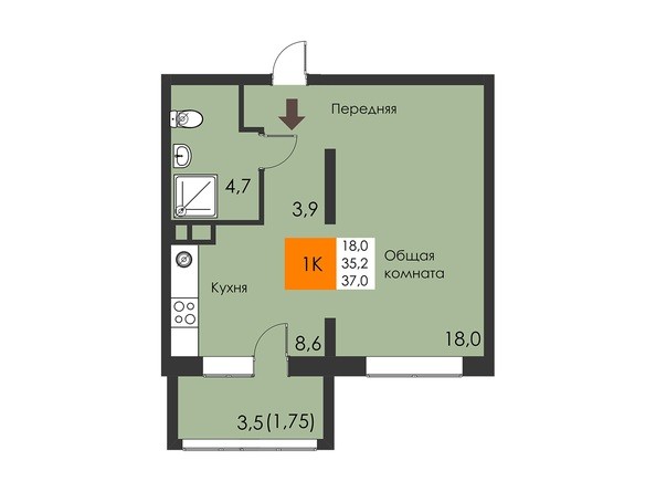 Планировка 1-комнатной квартиры 37 кв.м