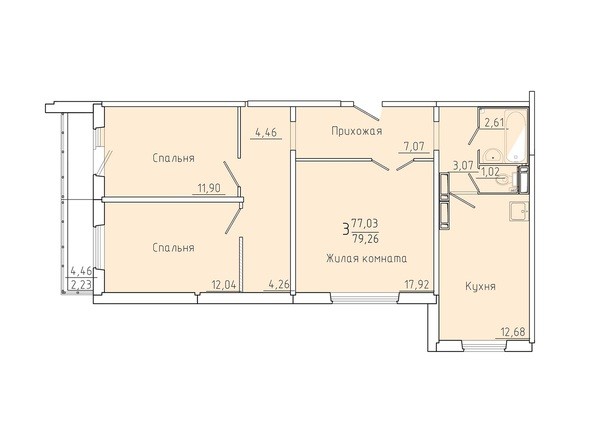 Планировка трехкомнатной квартиры 79,26 кв.м
