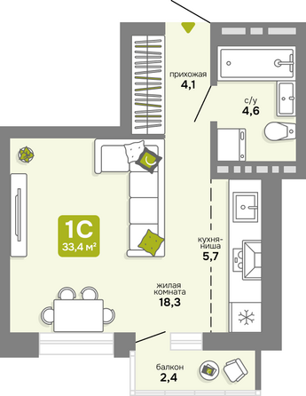 Планировка Студия 33,4, 33,5 м²