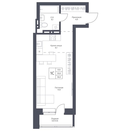 Планировка Студия 36, 36,3 м²