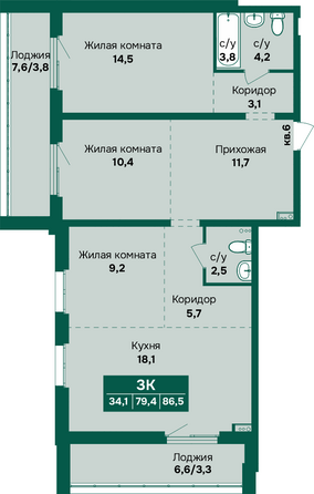 Планировка 3-комн 86,5 м²
