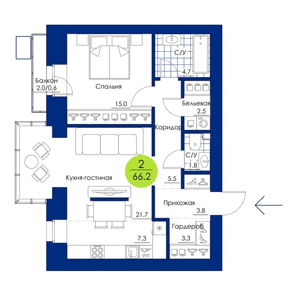 Планировка 2-комн 66,2 м²
