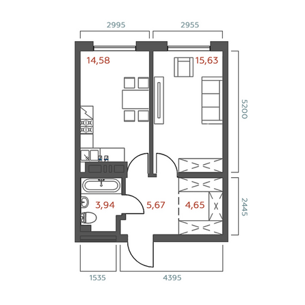 Планировка 1-комн 44,47 м²