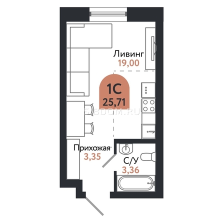 Планировка 1-комн 25,71 м²