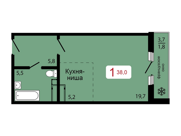 Планировка Студия 38 м²