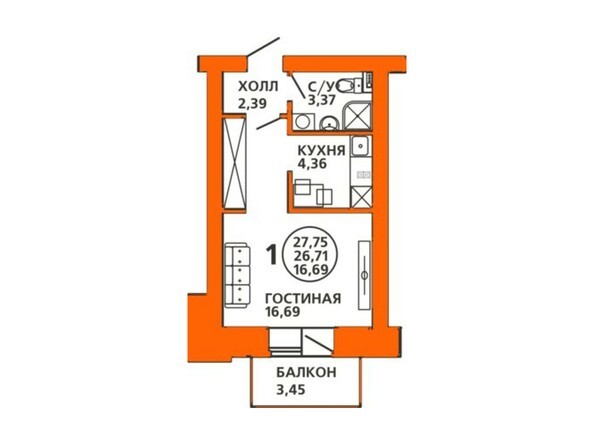 Планировка 1-комнатной квартиры 27,75 кв.м
