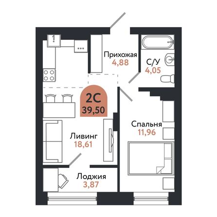 Планировка 2-комн 39,43, 39,5 м²