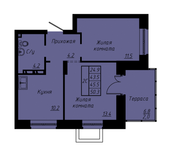 Планировка 2-комн 45,5 м²