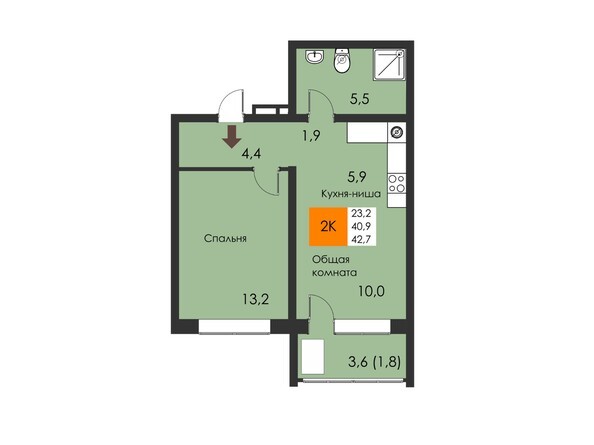 Планировка 2-комнатной квартиры 42,6 м2