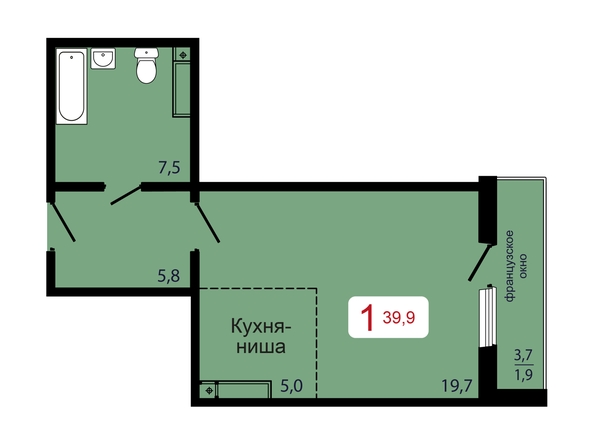 Планировка 1-комн 39,9 м²