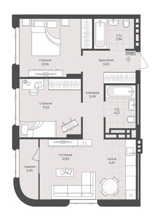 Планировка 2-комн 64,41, 64,47 м²